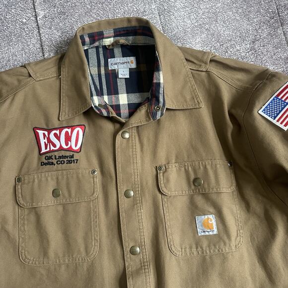 Men's Carhartt Weathered Canvas Brown Button Up Flannel Lined Shirt Jacket Sz L - Picture 2 of 4